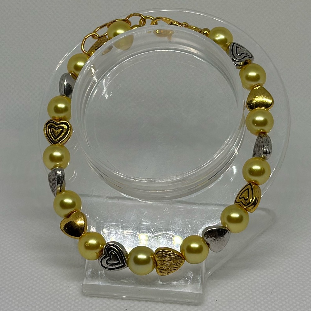 Handmade Gold Wire Bracelet with Silver and Gold Heart Beads